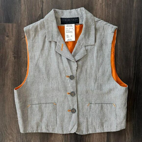 Vintage Linen Blend Striped Vest V-Neck Collar Button Up Women's Size 12 Petite - Picture 1 of 5